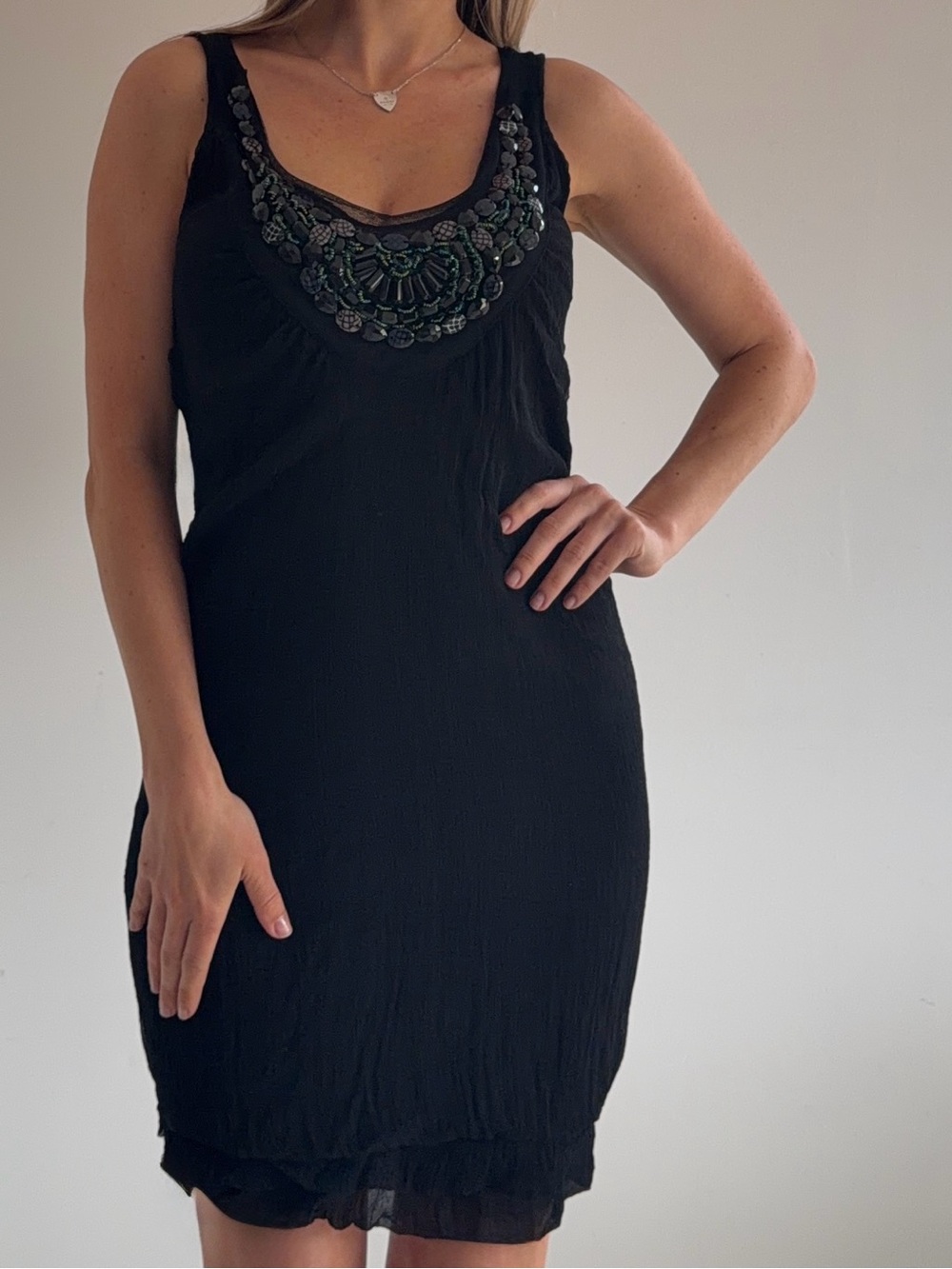 VTG Angela Milano 100% Silk Italy Dress Embellished Jeweled Neck Y2K Luxury S